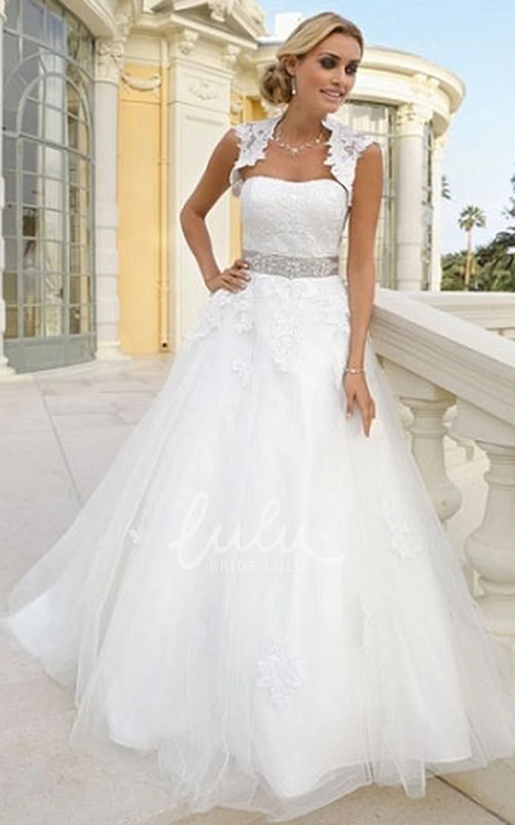 Maxi Tulle A-Line Wedding Dress with Cap Sleeves Waist Jewelry and Keyhole Back