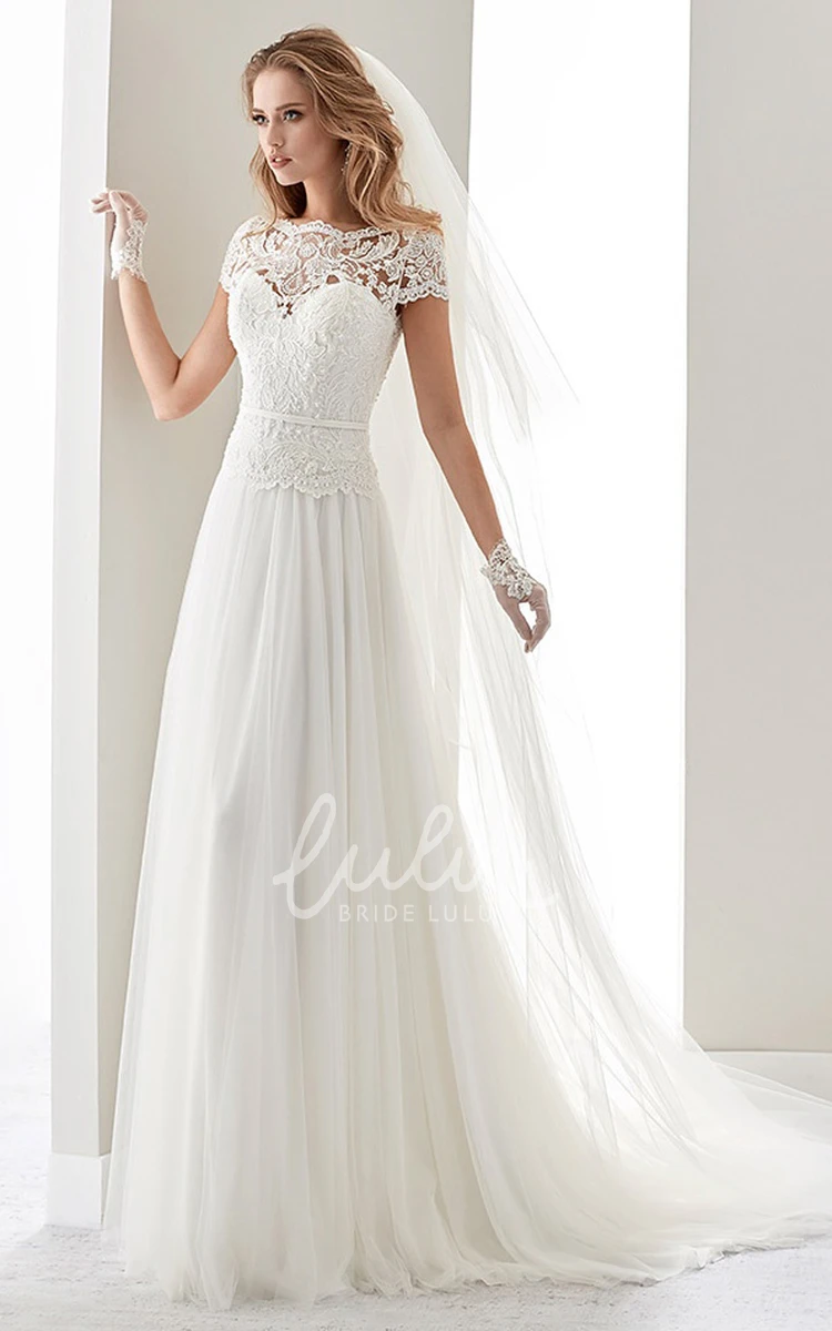 Illusion Draping Wedding Dress with Scalloped-Neck Lace Bodice and T-Shirt Sleeves Flowy Bridal Gown