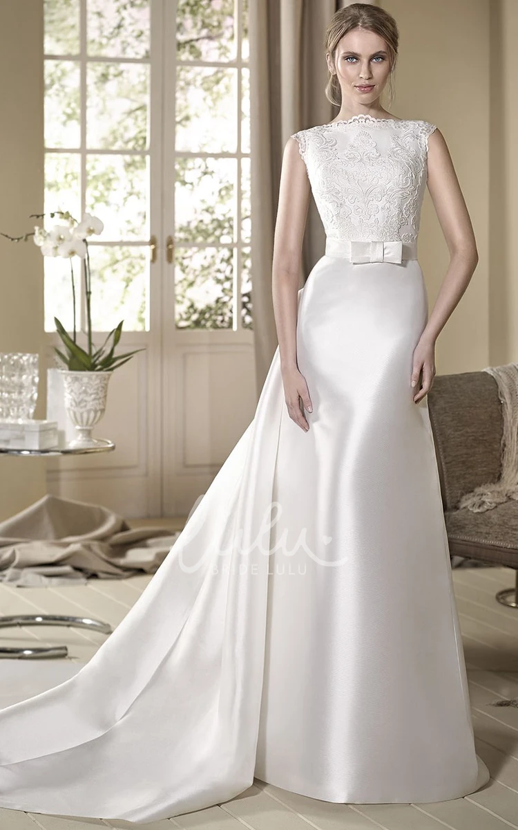 Jewel-Neck Satin A-Line Wedding Dress with Appliqued Floor-Length and Sleeveless Design