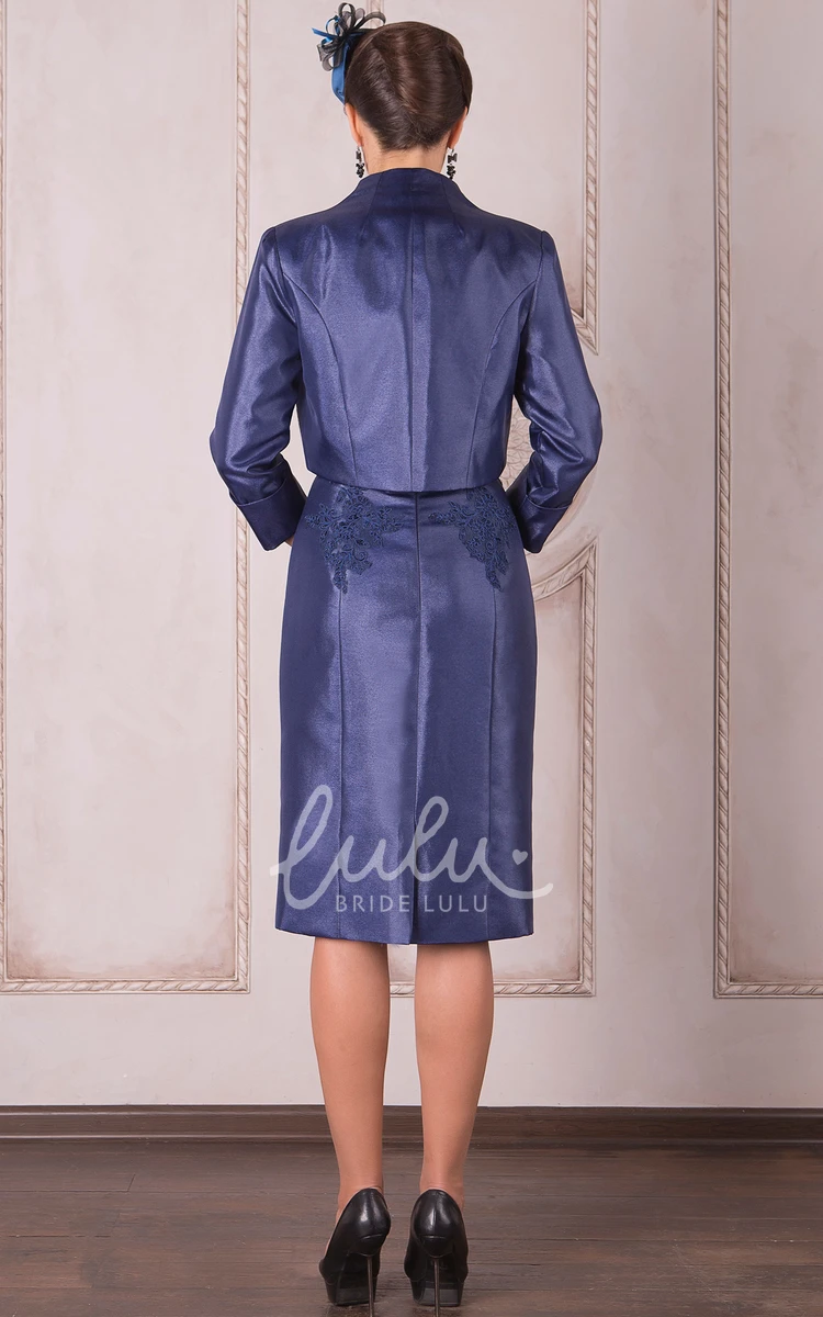 Long Sleeve Satin Knee-Length Mother Of The Bride Dress with Applique