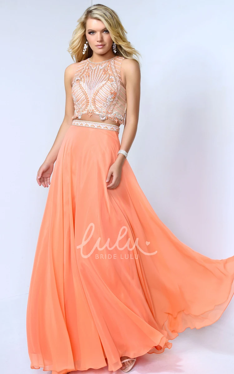 Beaded Jewel-Neck Sleeveless A-Line Chiffon Formal Dress with Floor-Length Skirt