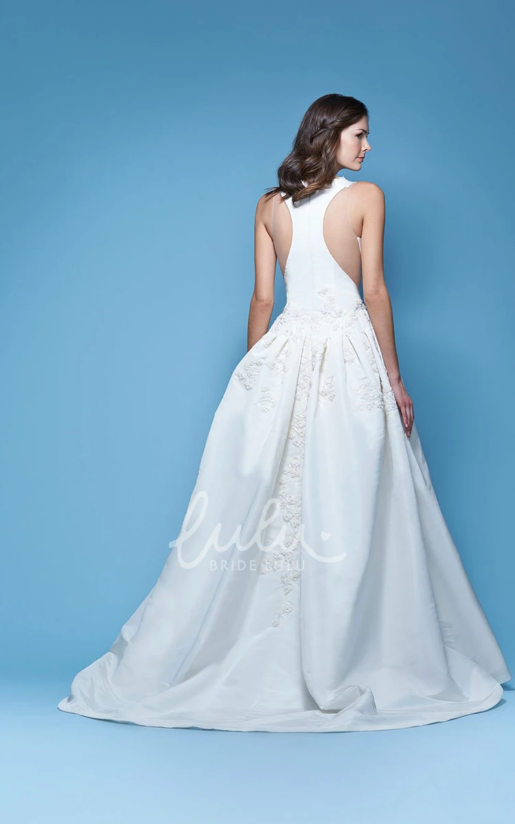 V-Neck Satin A-Line Wedding Dress with Appliques Classic Bridal Gown