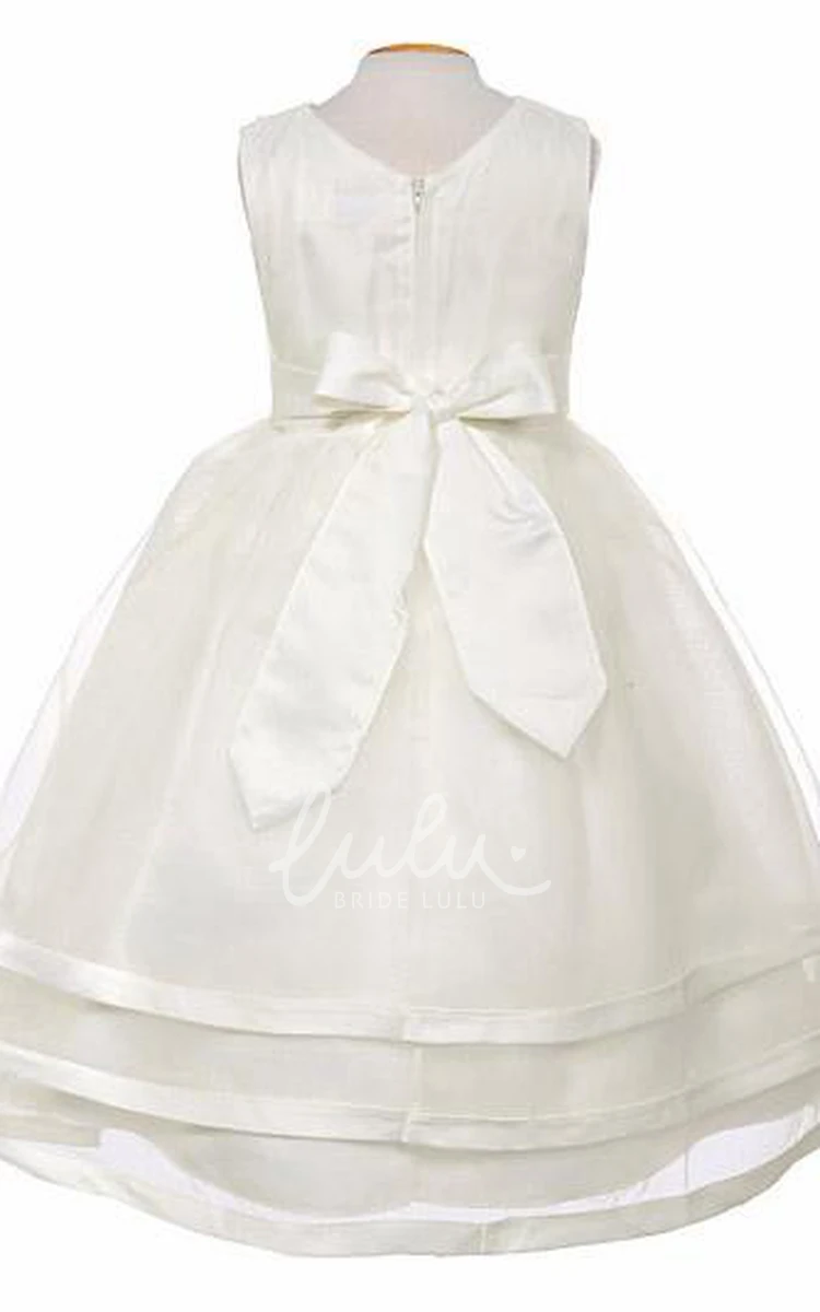 Organza Satin Flower Girl Dress V-Neck Pleated Tea-Length