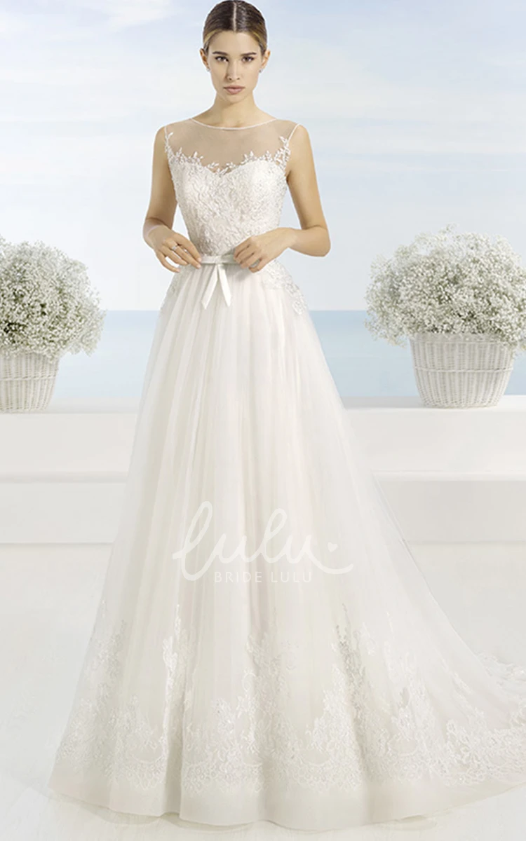 Long Sleeveless Tulle Wedding Dress with Appliques & Illusion Back A-Line