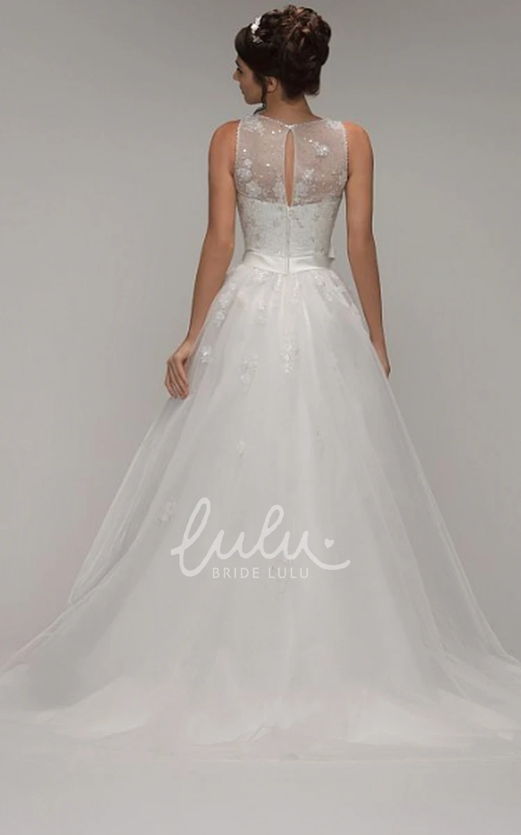 Beaded Tulle Ball Gown Wedding Dress with Appliques and Bow Scoop-Neck