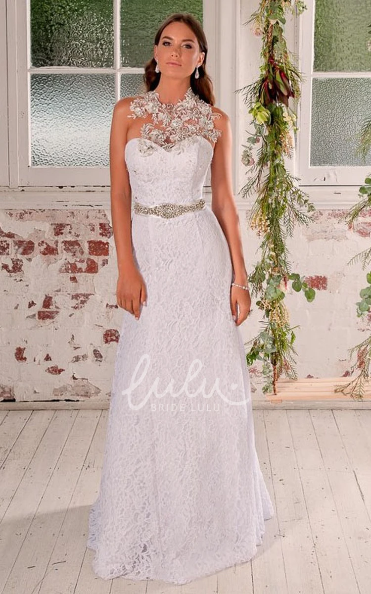 Beaded High Neck Lace Sheath Wedding Dress with Waist Jewelry Elegant Wedding Dress