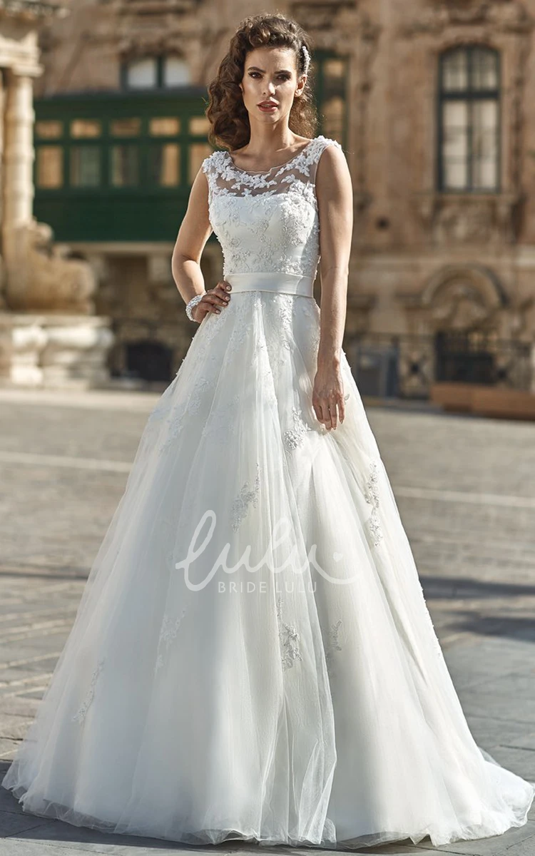 Sleeveless Tulle&Lace A-Line Wedding Dress with Bow Unique Bridal Gown