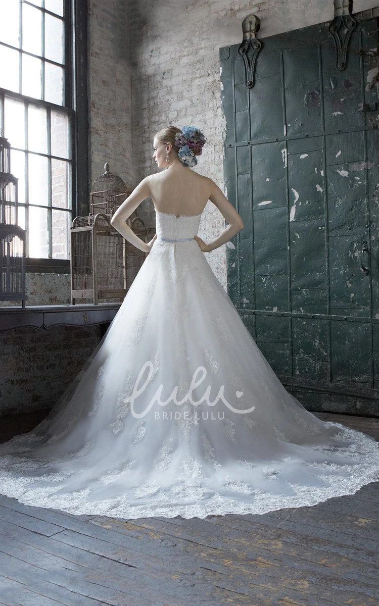 Strapless Lace Wedding Dress with Appliques Chapel Train and Backless Style