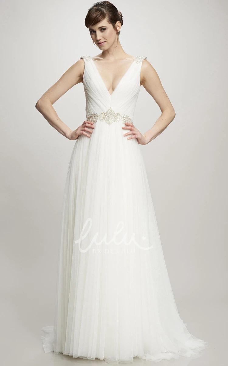V-Neck Tulle Wedding Dress with Sleeveless and Ruched Bodice