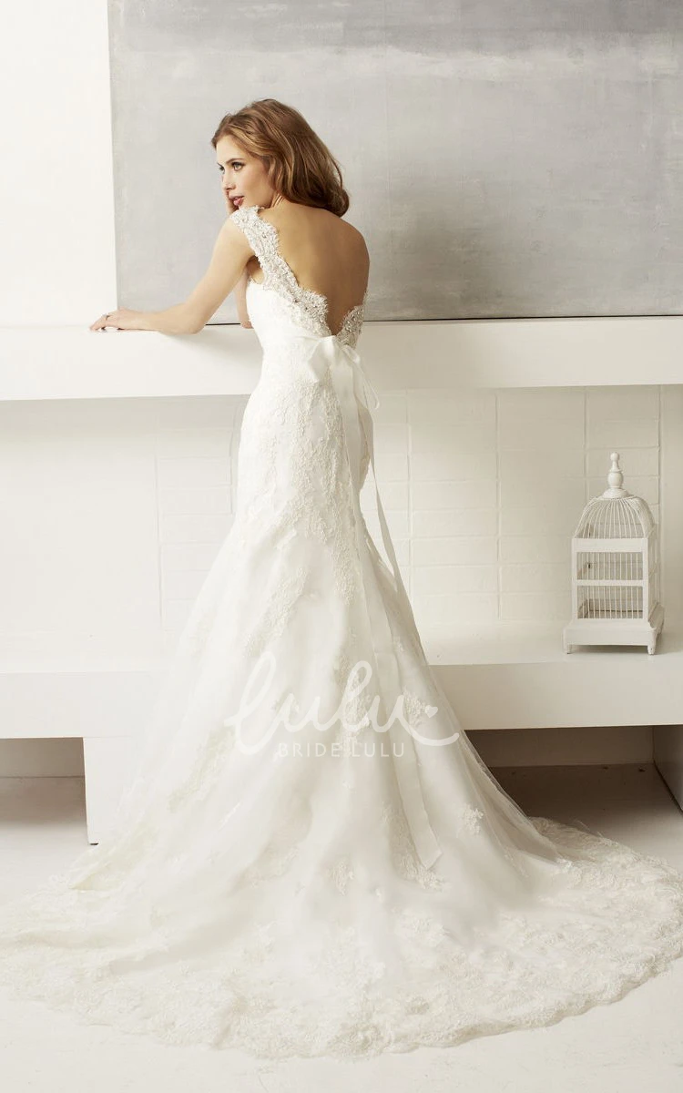 Jeweled Lace V-Neck Wedding Dress with Court Train Elegant Bridal Gown