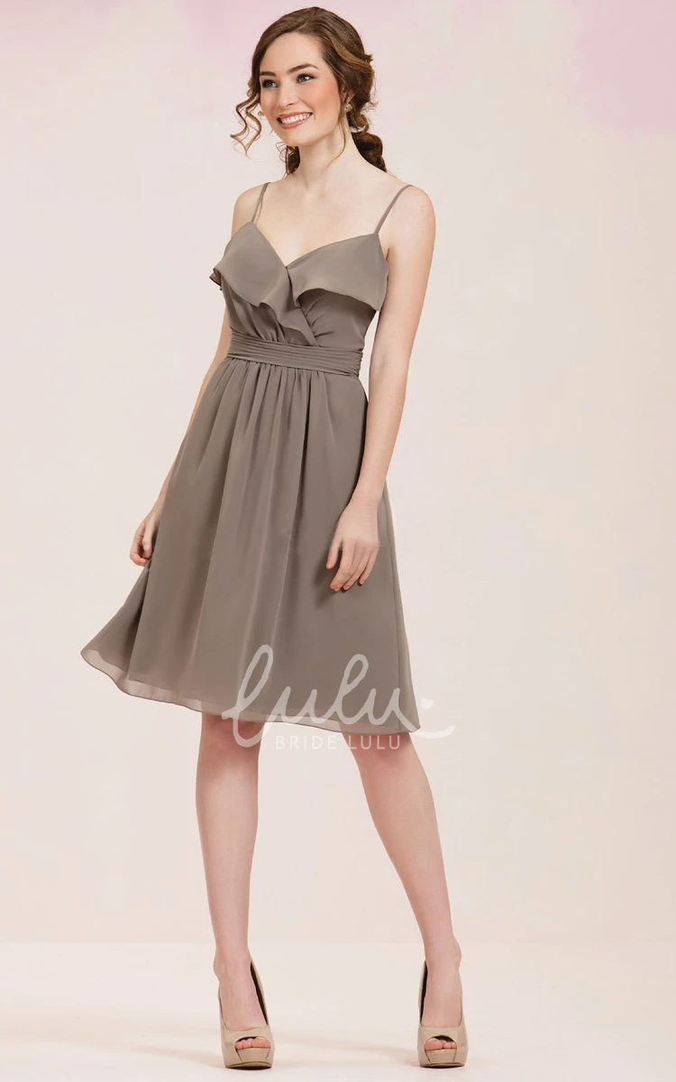 Knee-Length Sleeveless Bridesmaid Dress with Ruffles and Spaghetti Straps Flowy Beach Dress