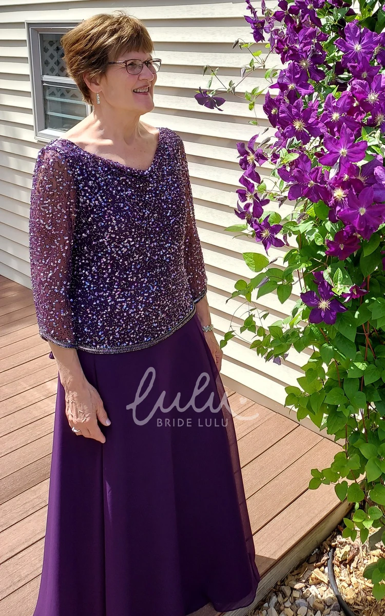 Simple A-Line Sequins Mother Of The Bride Dress with Illusion Sleeve and Low-V Back