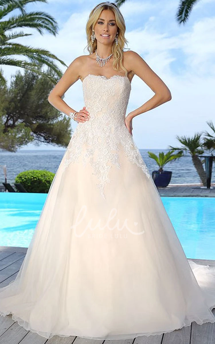 Appliqued Tulle Long Strapless Sleeveless Wedding Dress Classic Bridal Gown