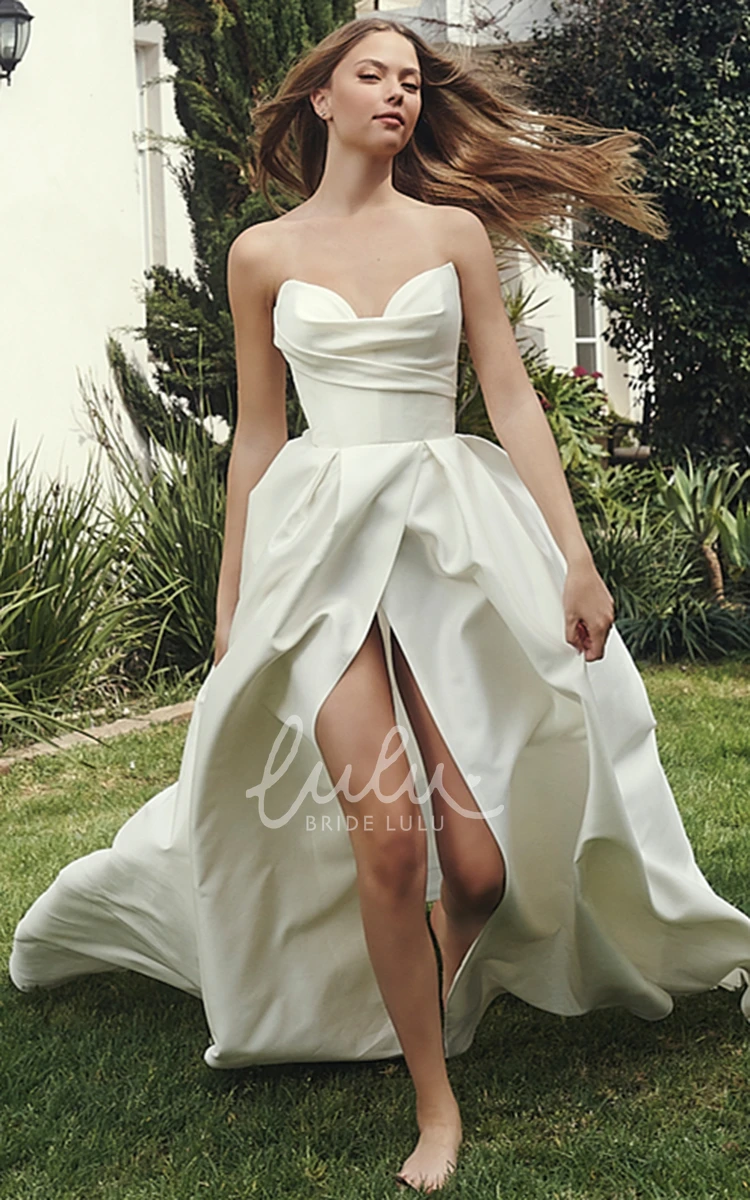 A Line Satin Sweetheart Split Front Ruched Wedding Dress Ethereal and Classy
