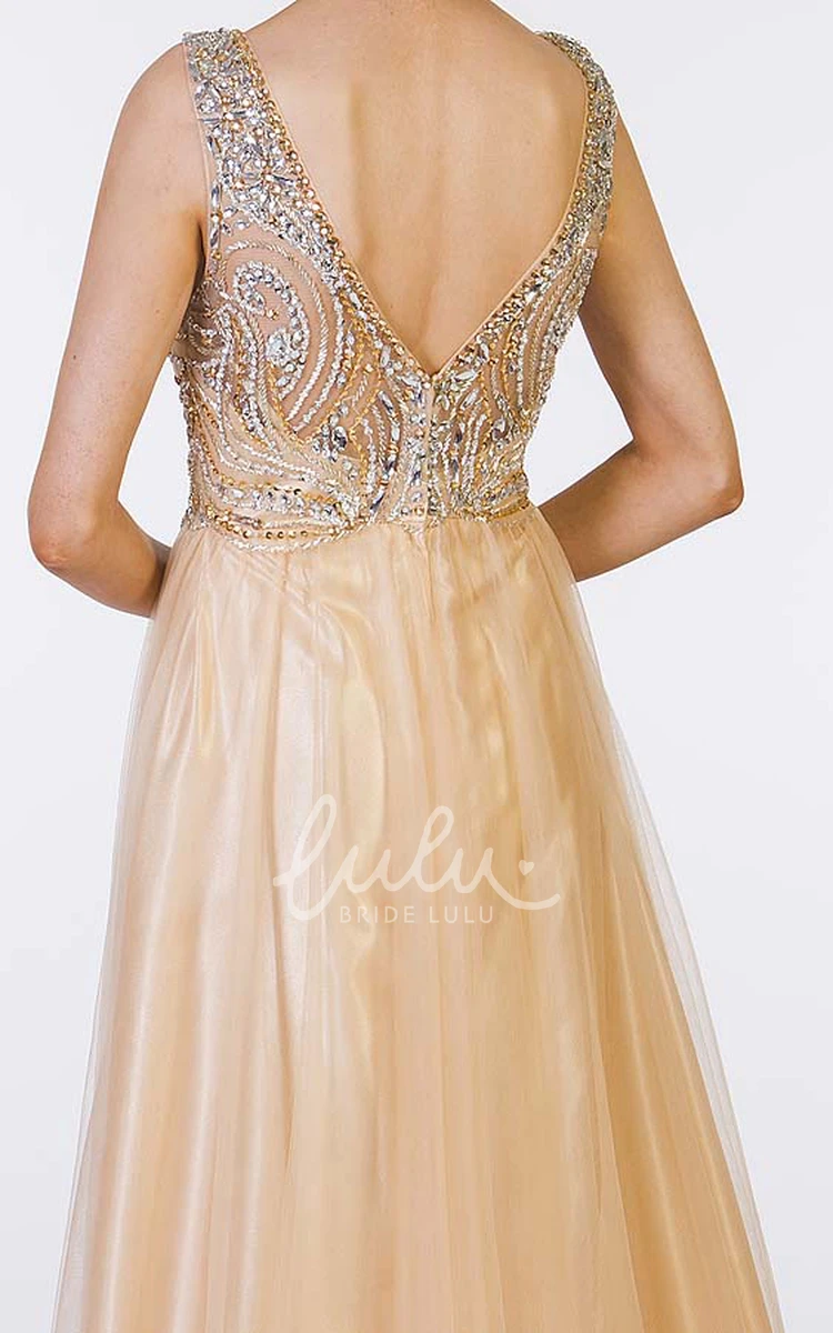 Floor-Length Beaded Tulle A-Line Prom Dress with Scoop Neck Unique Prom Dress