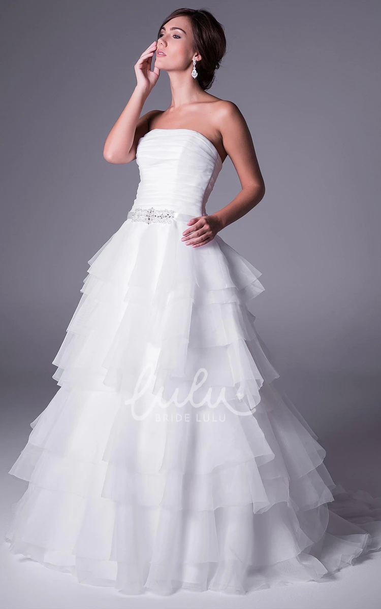 Organza A-Line Wedding Dress with Tiered Skirt Strapless Sleeveless Waist Jewelry