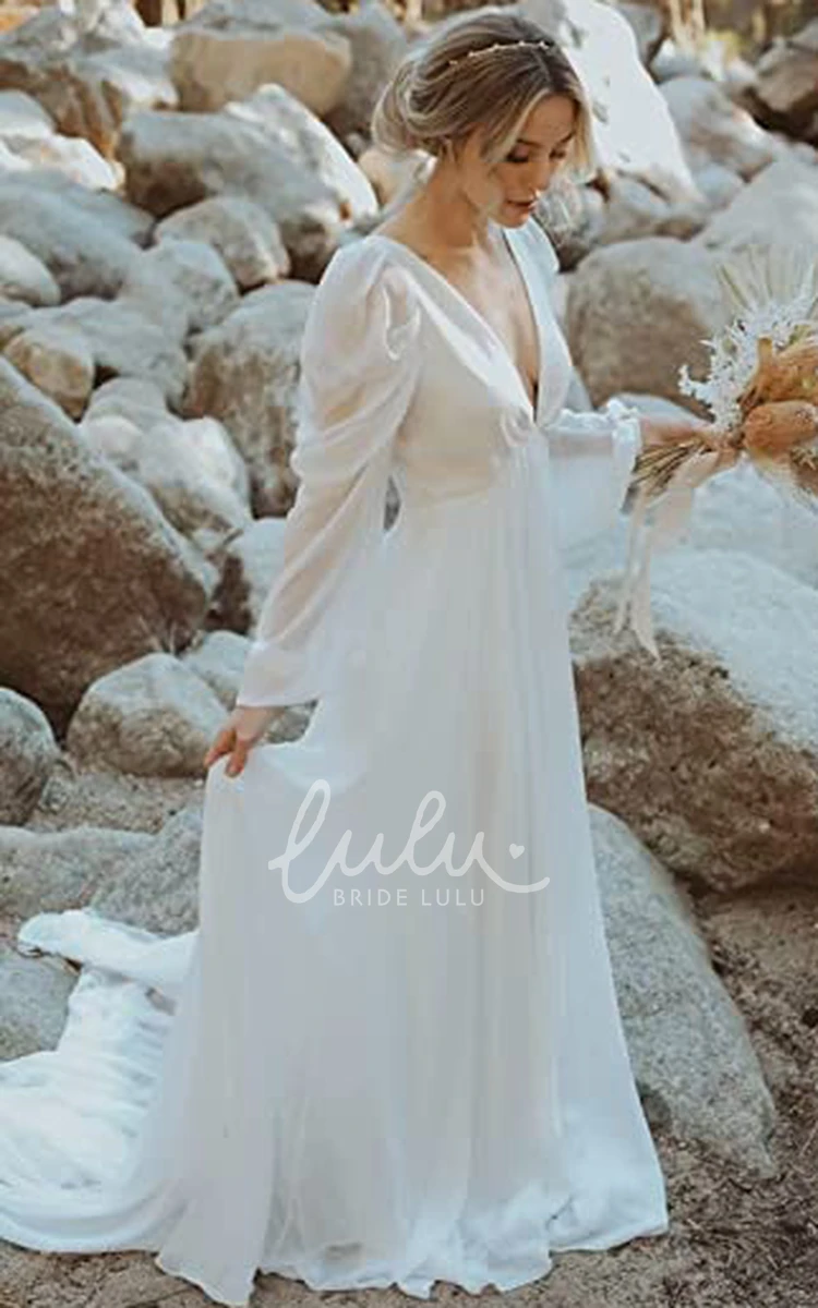 Chiffon A-Line V-Neck Wedding Dress with Open Back for Beach or Garden Wedding Elegant Flowy