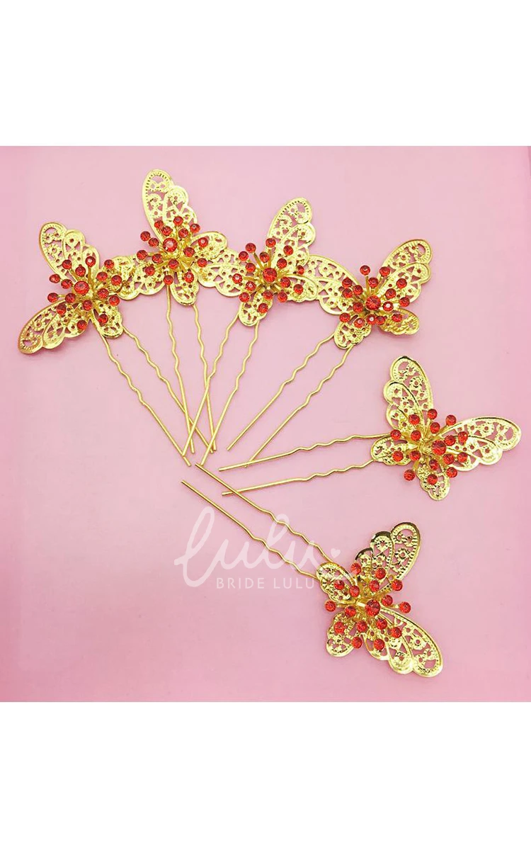 Chinese Cheongsam Wedding Hair Accessories Set with Red Hairpin U-Shaped Clip and Plate