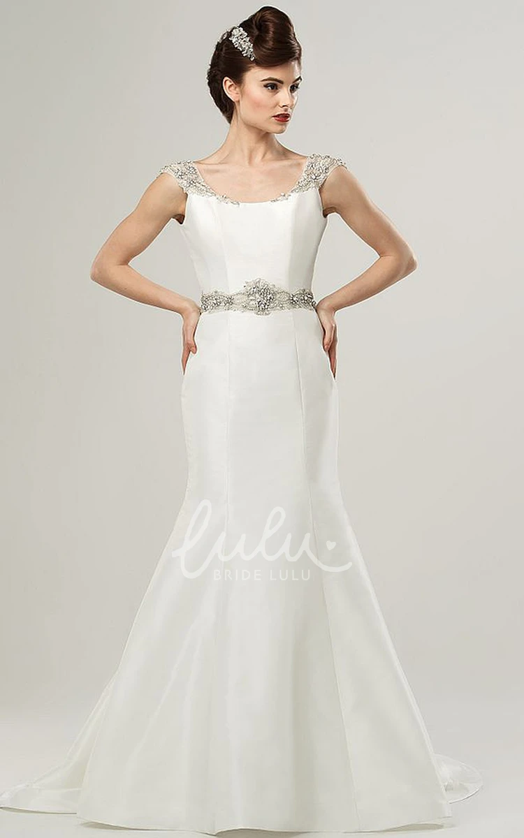 Beaded Cap-Sleeve V-Neck Satin Wedding Dress with Waist Jewelry Mermaid Style