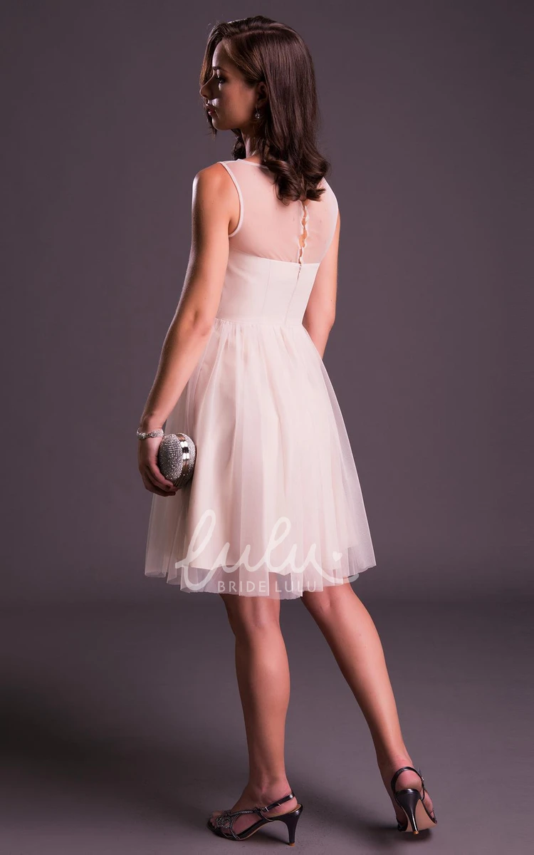 Tulle Pleated Scoop Prom Dress with Illusion Elegant Mini Dress