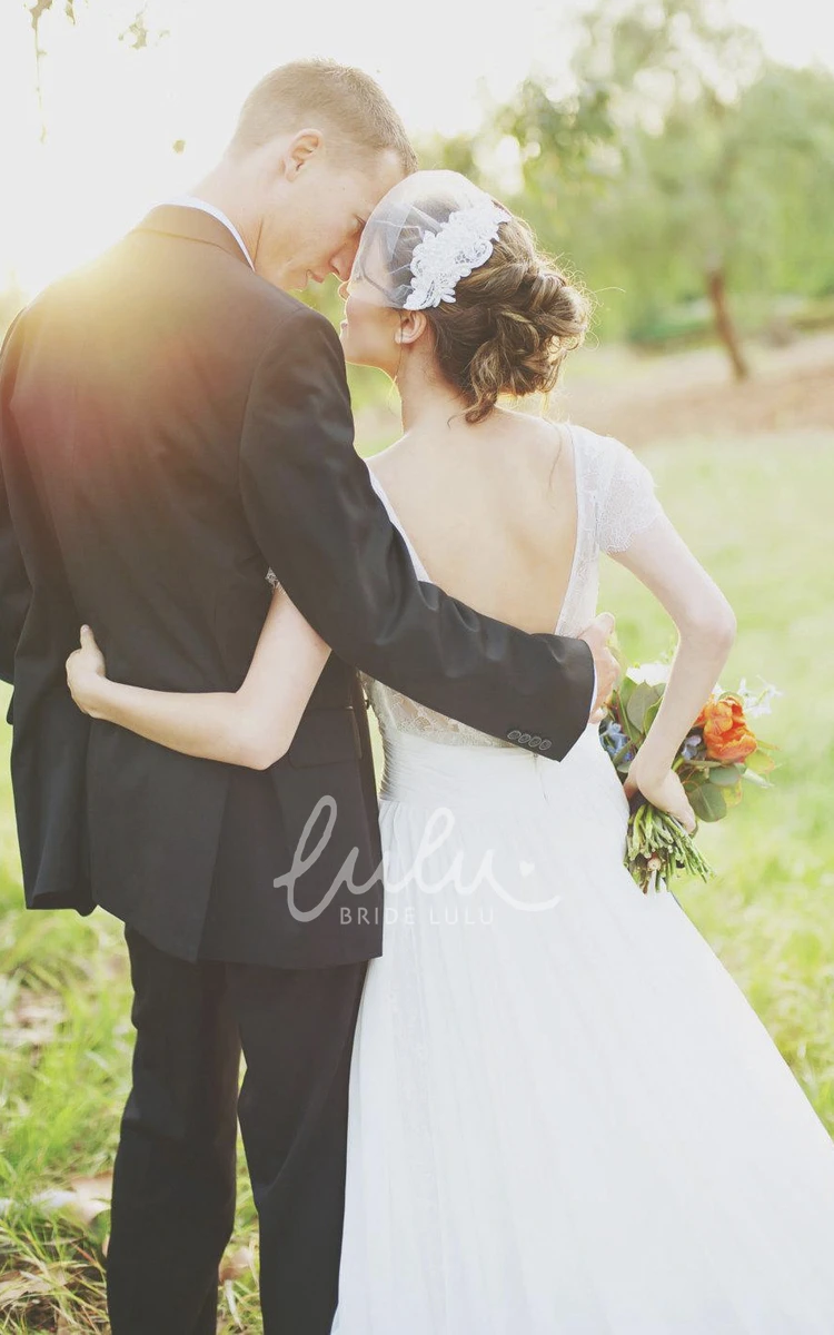 Long Chiffon Wedding Dress with Sash and Low-V Back Jewel Short Sleeve Elegant