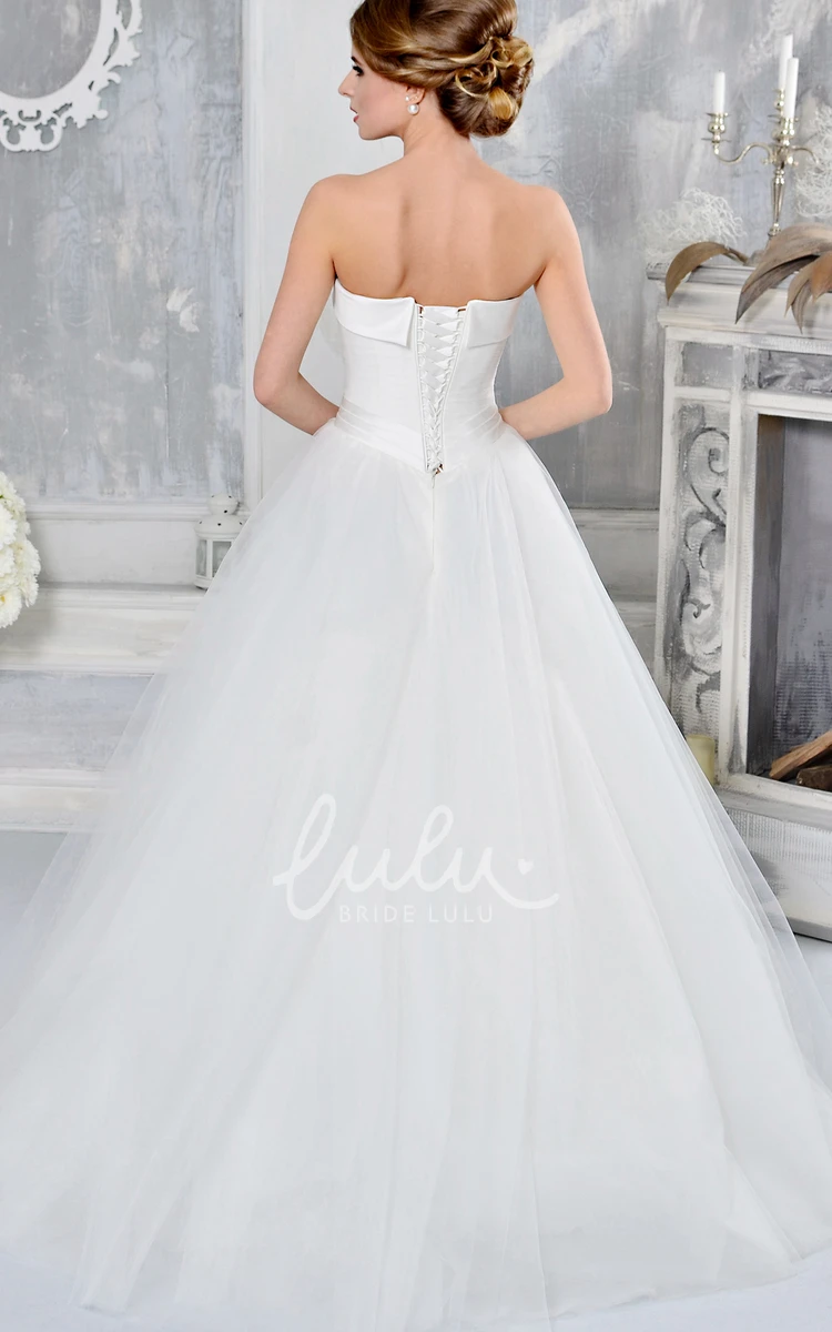 Satin & Tulle A-Line Strapless Wedding Dress with Bow Elegant Bridal Gown