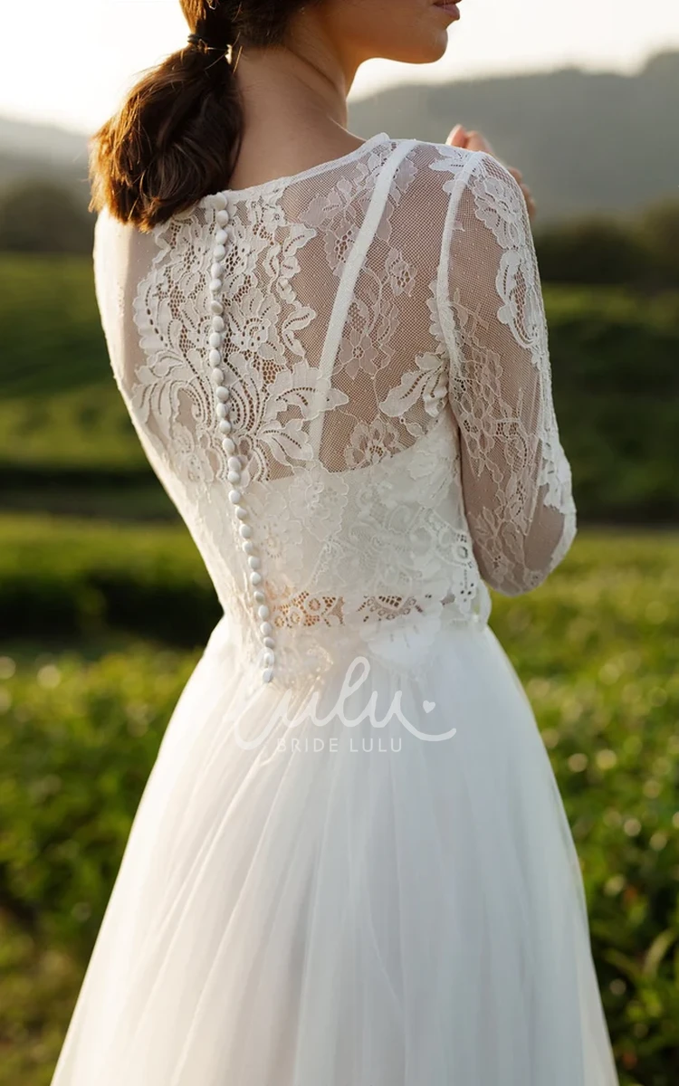 Long Sleeve Two-piece A-Line Bateau Neck Lace Tulle Elegant Bride Wedding Dress with Brush Train Button Back