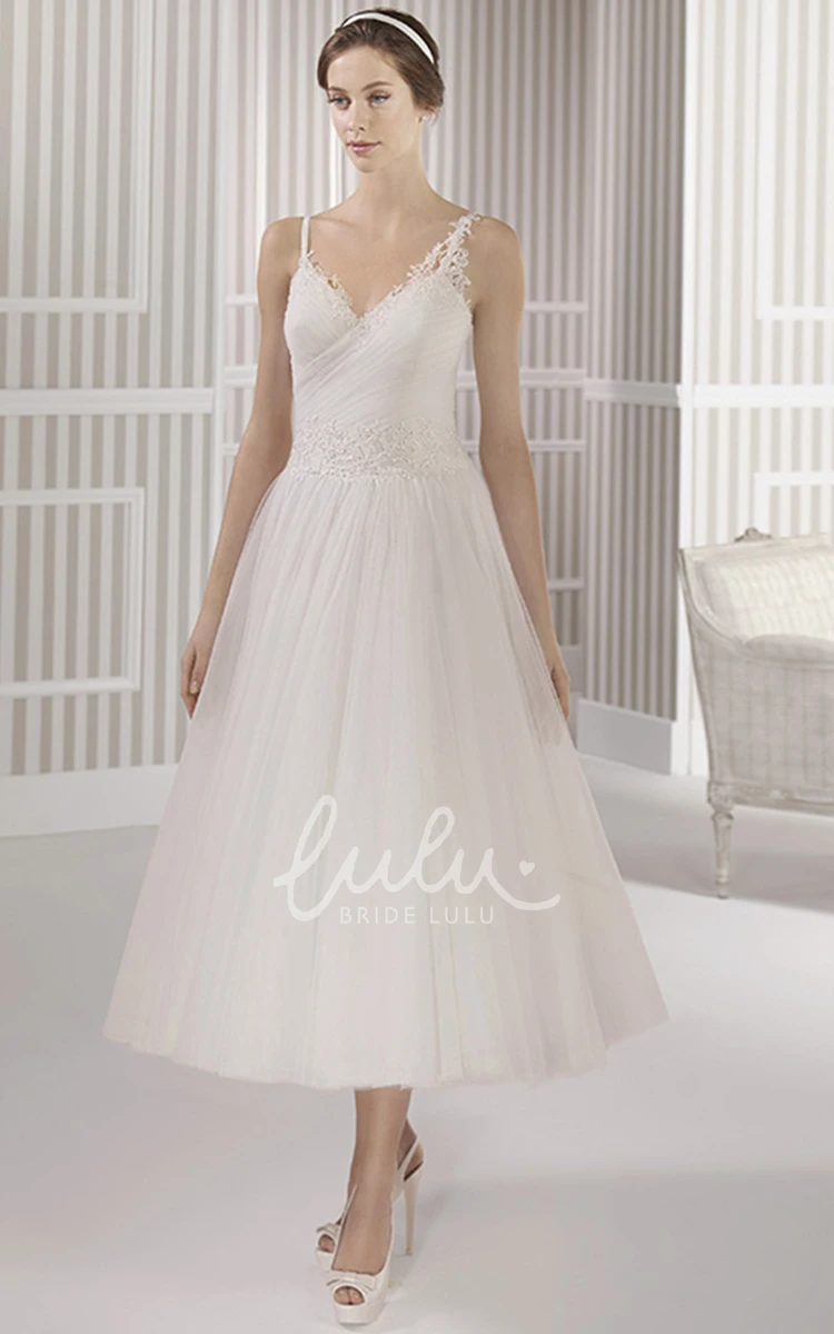 Tea-Length Spaghetti Lace Tulle A-Line Wedding Dress with Ruching Vintage Bridal Gown