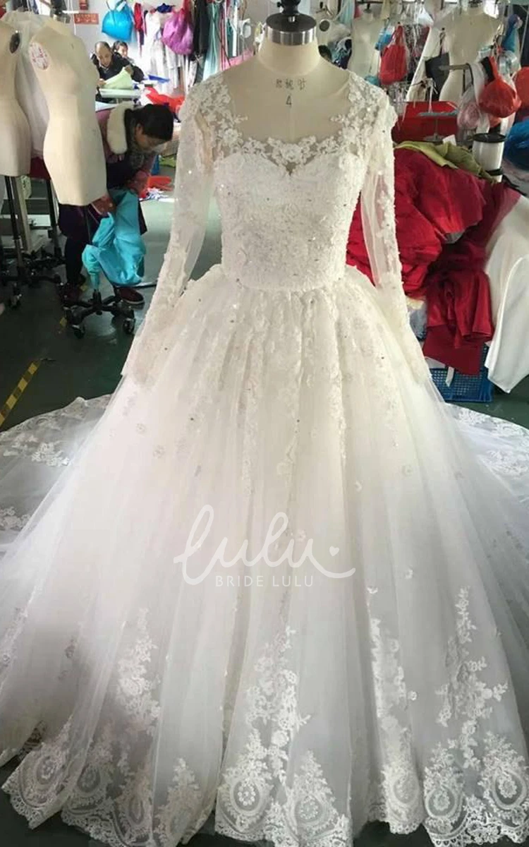 Organza A-Line Wedding Dress with Long Sleeves and Lace Appliques