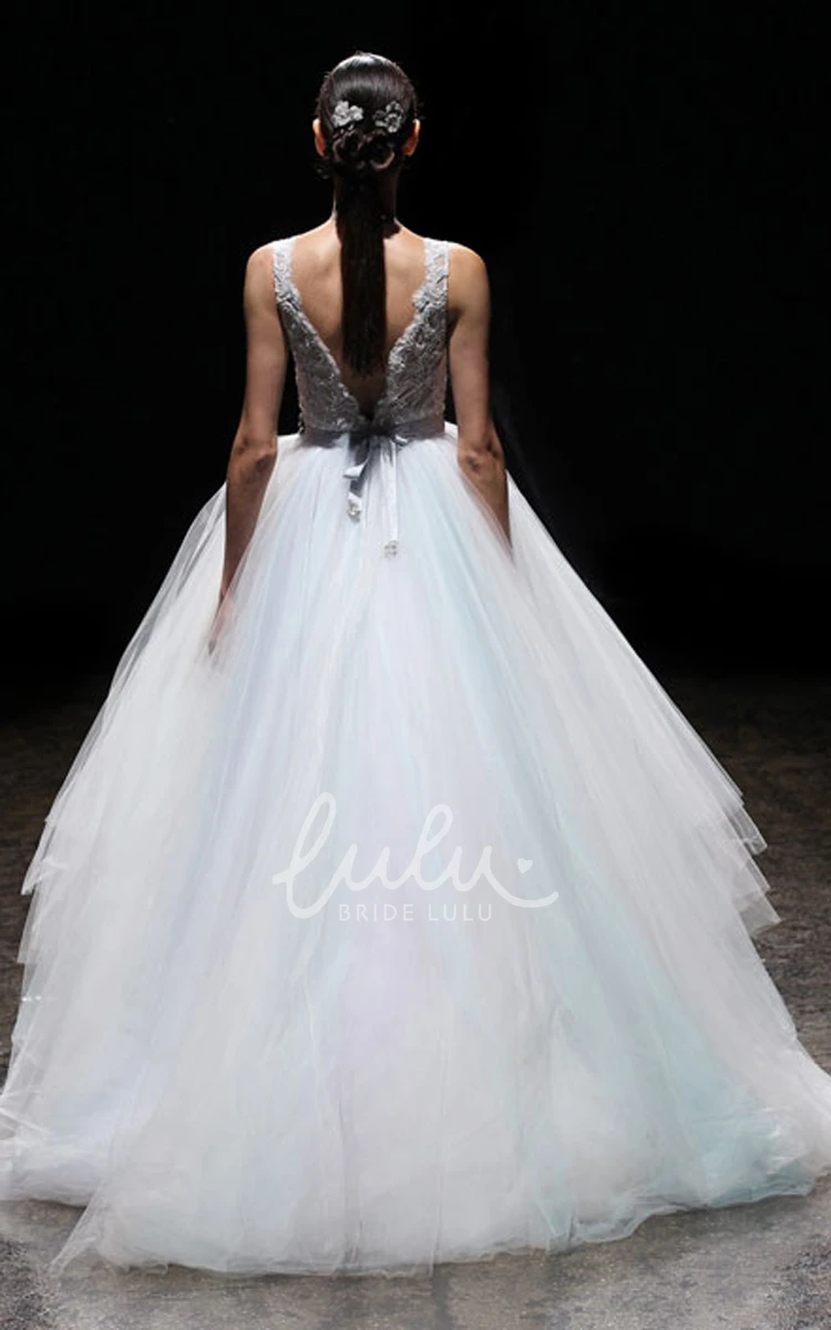 High-low Tiered Tulle Ball Gown with Crystal Belt Unique Wedding Dress