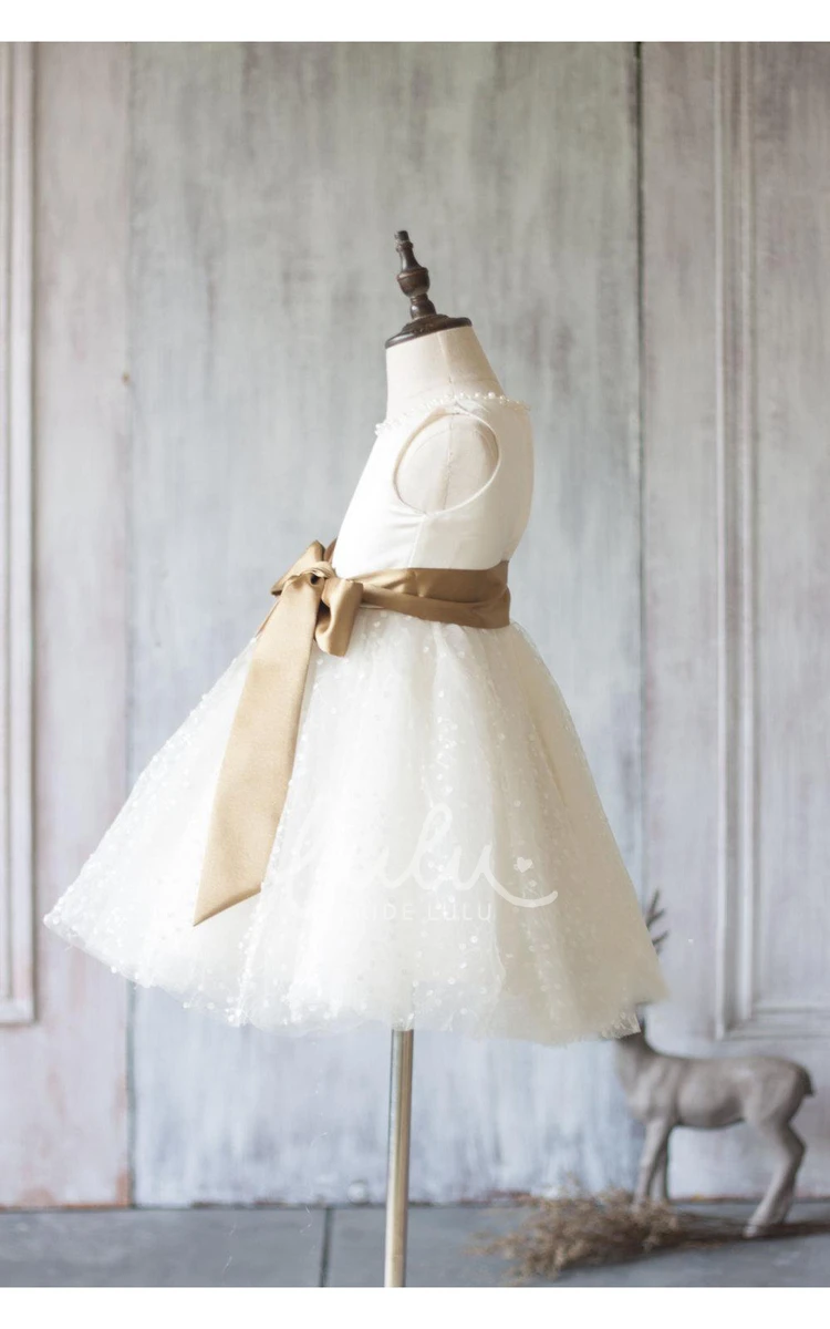 Beading Neck A-Line Tulle Junior Bridesmaid Dress in Off White