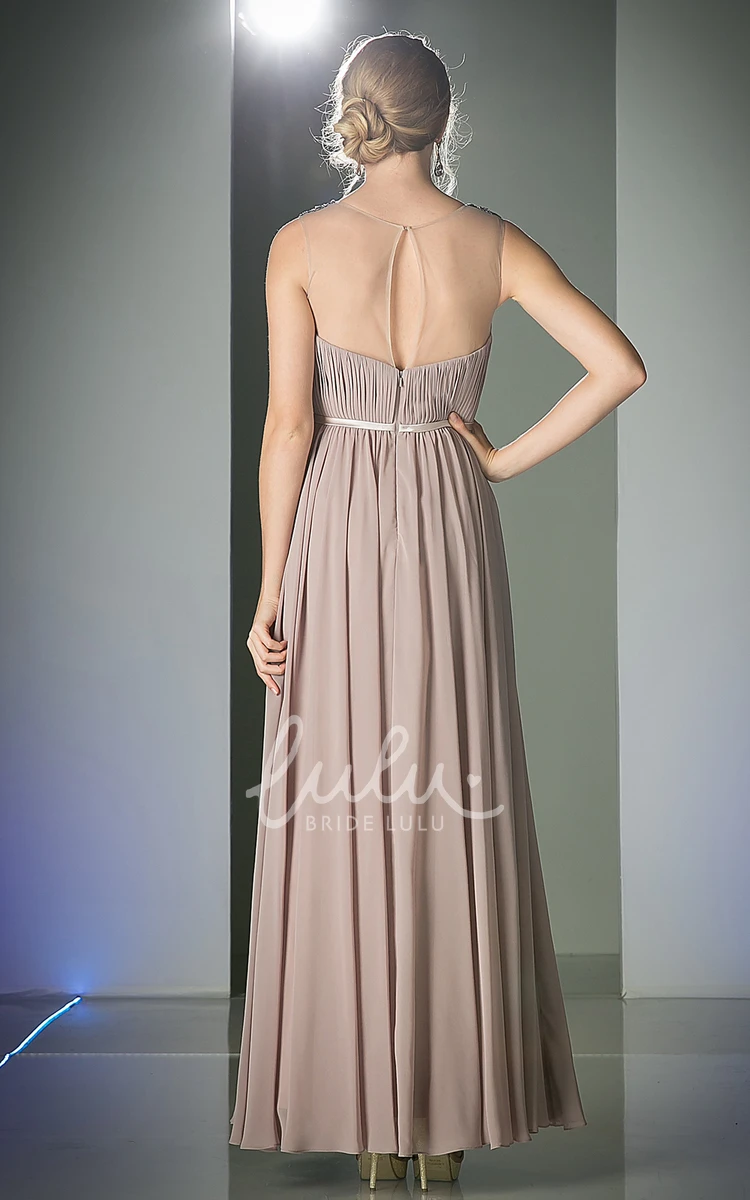 Ankle-Length Scoop-Neck A-Line Dress with Chiffon Illusion Ruching and Beading