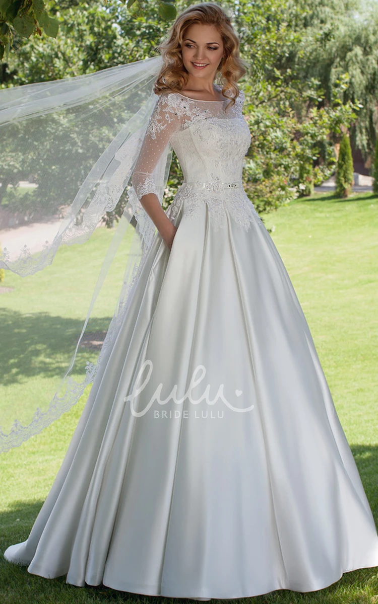 Satin Wedding Dress Ball Gown Scoop Neck 3-4 Sleeves Appliqued Floor-Length