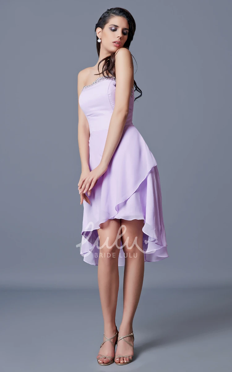 A-line Short Chiffon Prom Dress with Draped High Low Hem and Backless Strapless Design