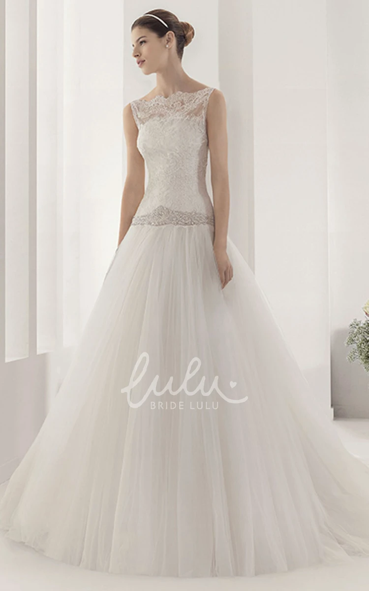 Lace Top Tulle Ball Gown with Crystal Waist Drop