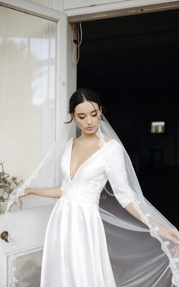 Elegant Satin V-Neck Wedding Dress with 3/4 Sleeves and Court Train