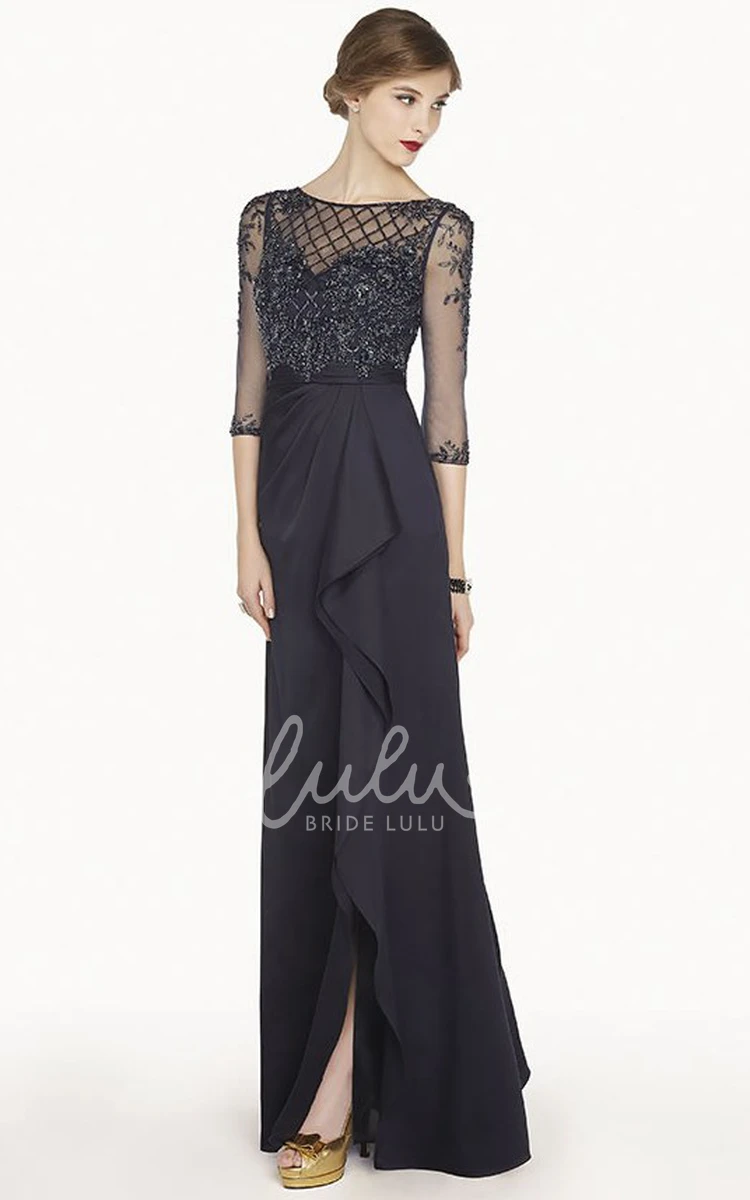 Appliqued Half-Sleeve Chiffon Sheath Prom Dress Scoop Neckline Split Front Draping