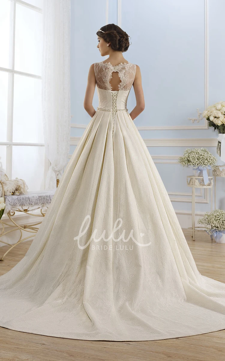 Ball Gown Lace Keyhole Wedding Dress with Jeweled Waistline