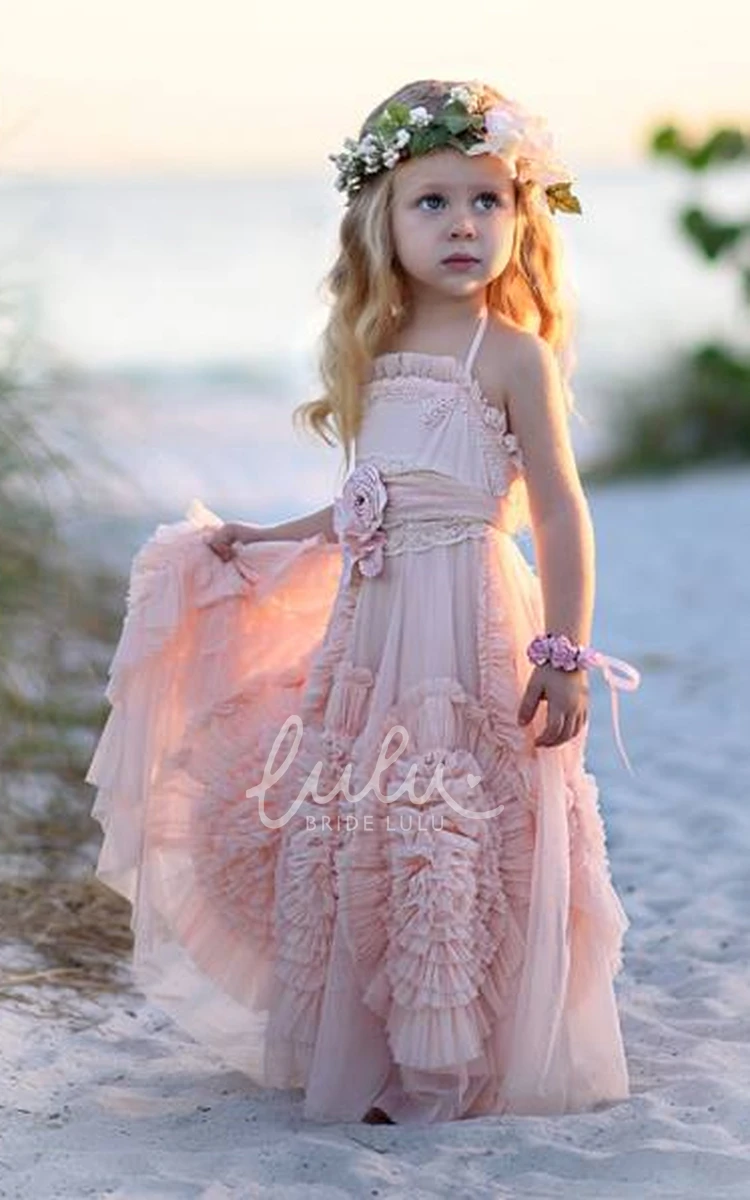 Spaghetti Ball Gown Flower Girl Dress Handmade Flowers Floor Length