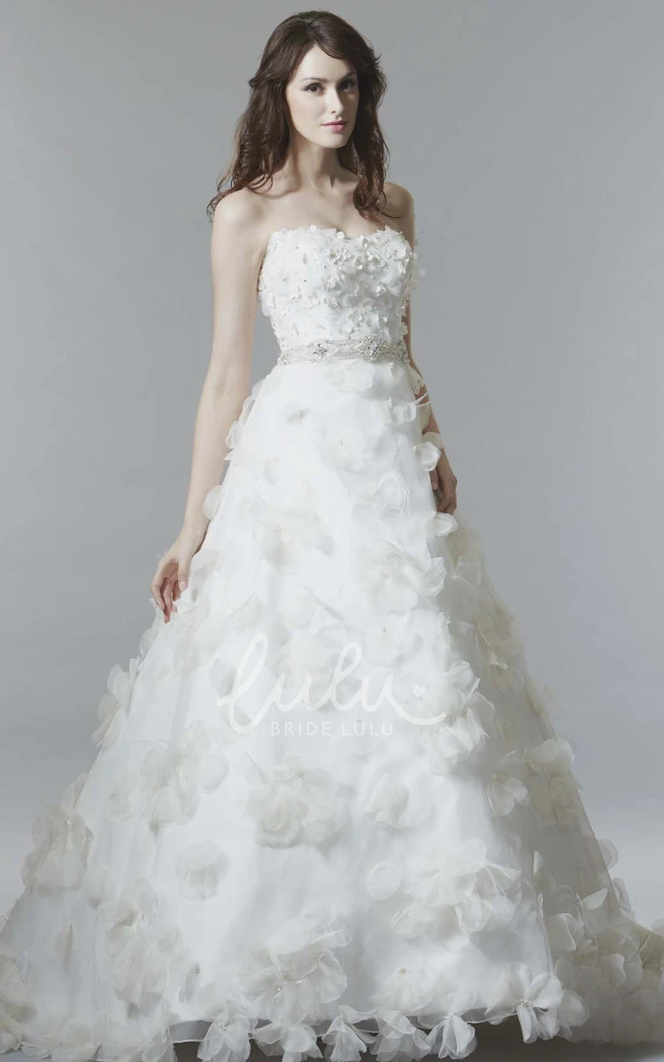 Floral Strapless Satin A-Line Wedding Dress with Low V-Back Modern Bridal Gown