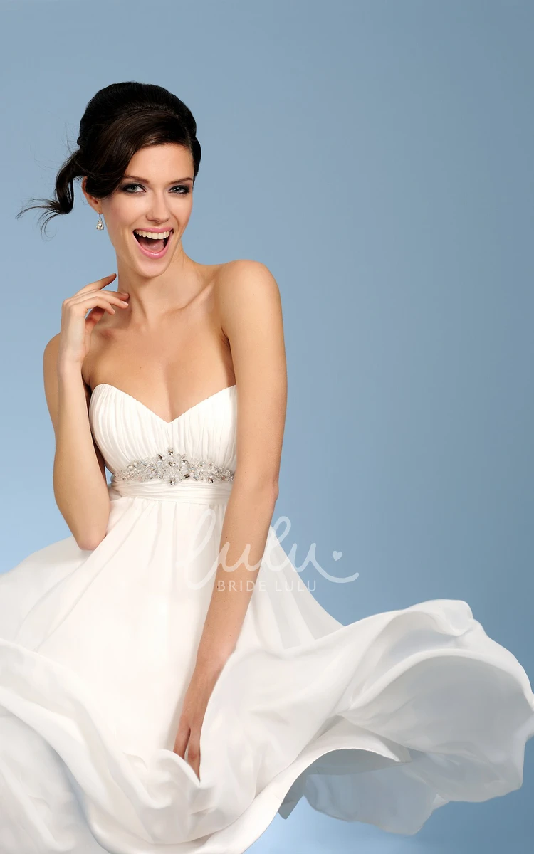 Sweetheart Ruched Chiffon Wedding Dress with Waist Jewelry Flowy Midi Bridal Gown