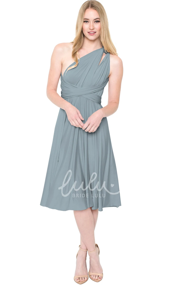 One-Shoulder Ruched Chiffon Bridesmaid Dress Tea-Length Sleeveless Convertible Multi-Color