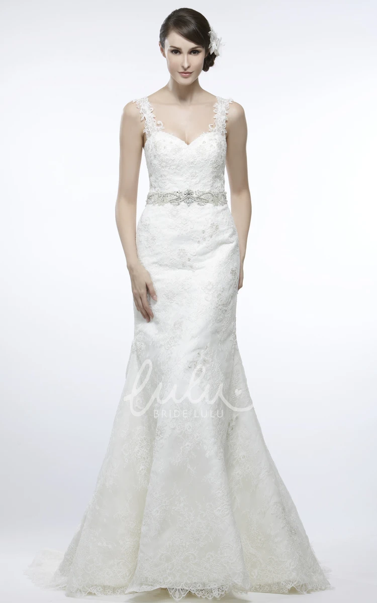 Lace Appliqued Wedding Dress with V-Back and Court Train Floor-Length