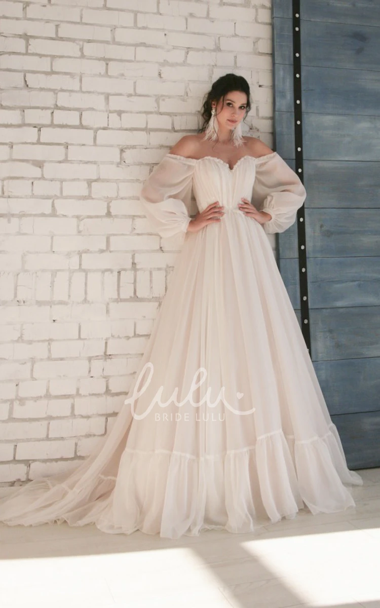 Elegant Chiffon Wedding Dress with Off-shoulder Sleeves and Appliques Classy and Modern