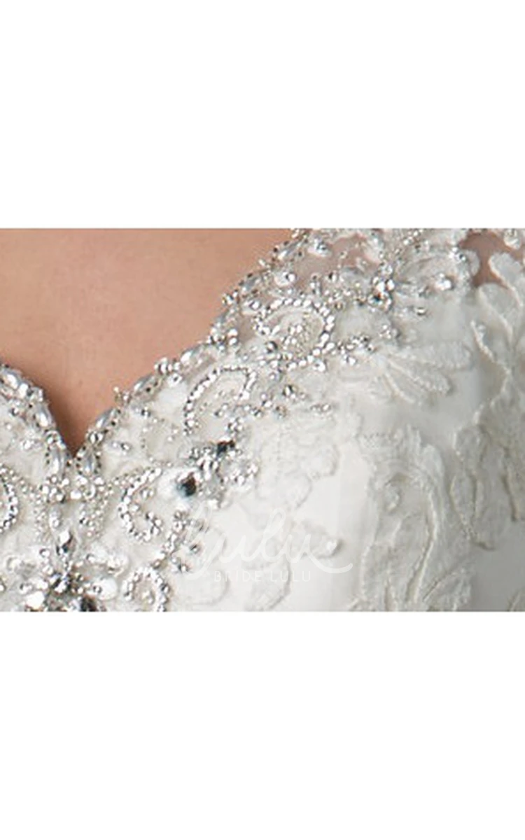 Open Back Sheath Tulle Wedding Dress with Lace and V Neckline Crystal Embellished