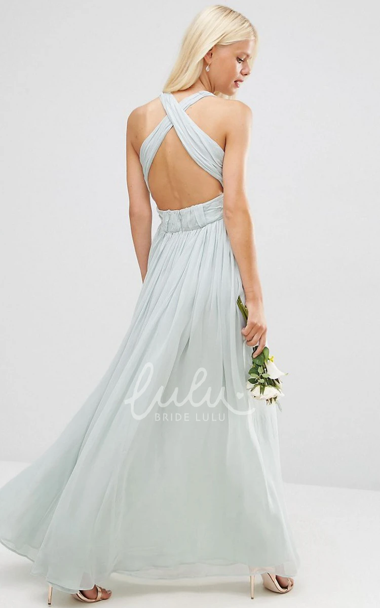 Ruched V-Neck Chiffon Bridesmaid Dress Ankle-Length A-Line