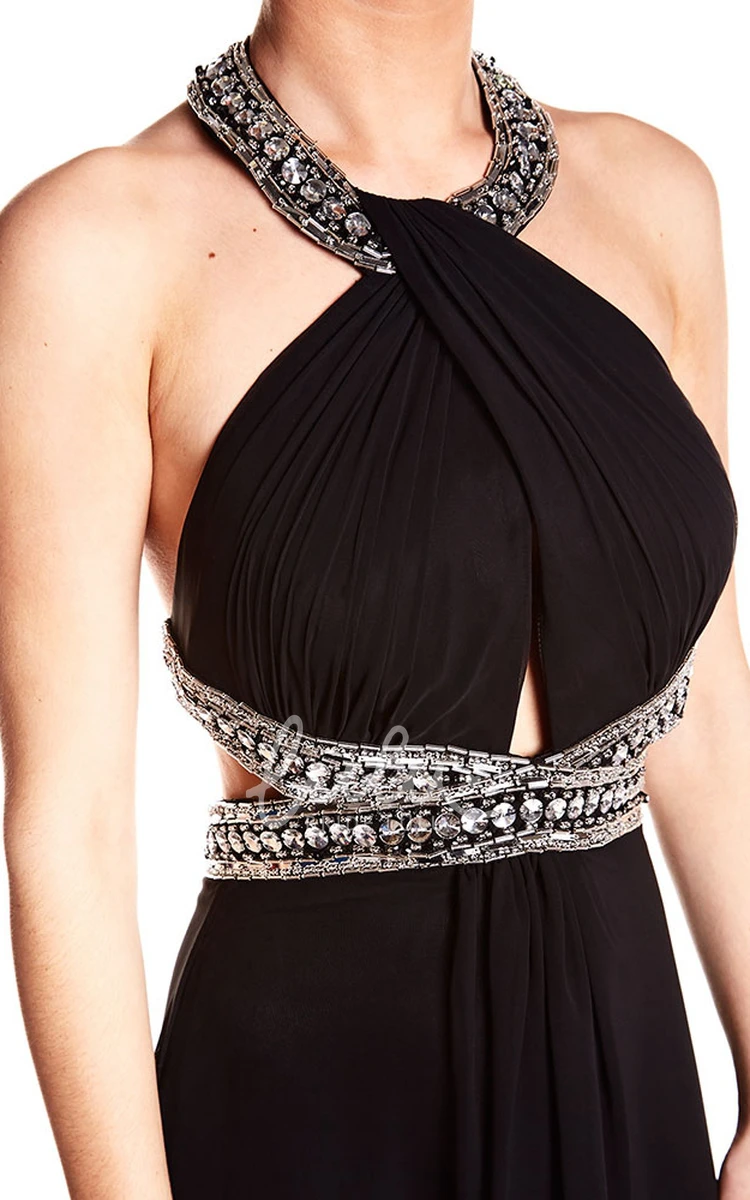 Chiffon Backless Prom Dress Sleeveless Beaded Halter