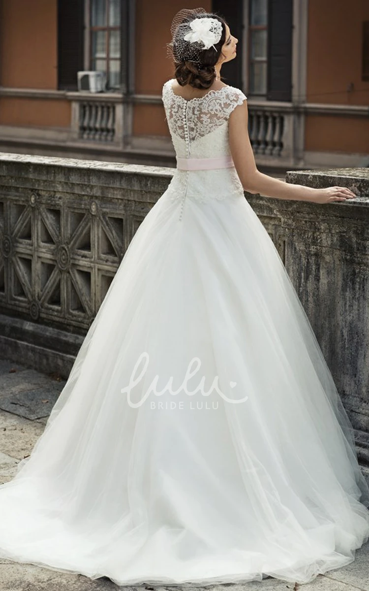 V-Neck Tulle Ball Gown Wedding Dress with Cap Sleeves and Waist Jewellery