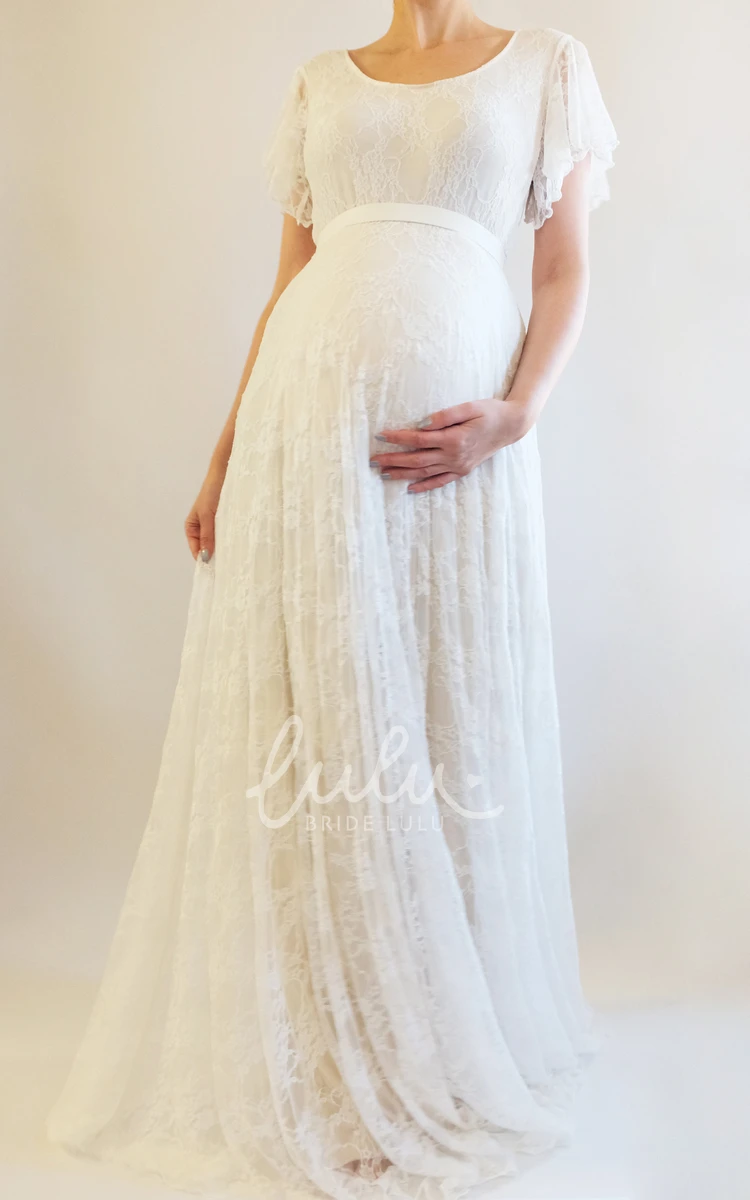 Empire Maternity Wedding Dress with A-Line Sweep Train and Short Sleeves