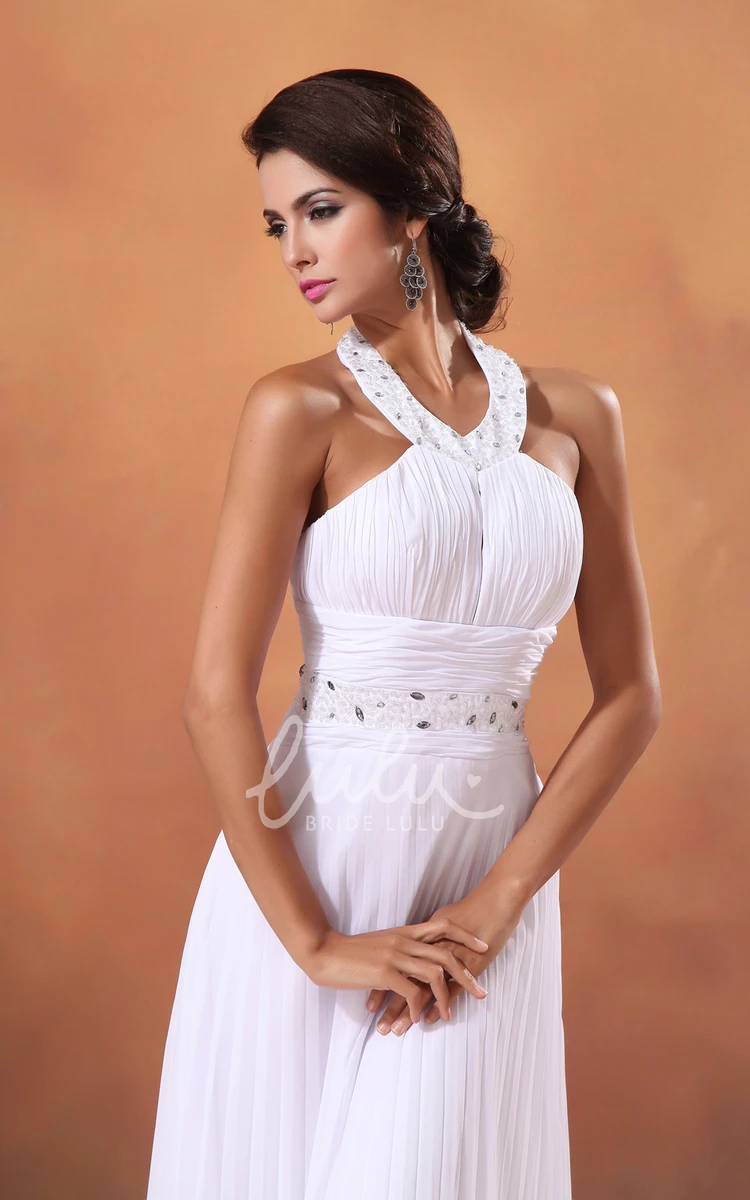 A-Line Halter Chiffon Wedding Dress with Crystal Detailing Tea-Length Wedding Dress